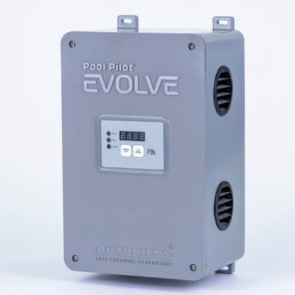 AutoPilot Pool Pilot Evolve salt chlorine generator power center front angled view showing digital control panel