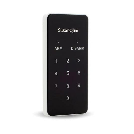 Black SwamCam keypad with arm and disarm labels above a backlit number pad, on a white background