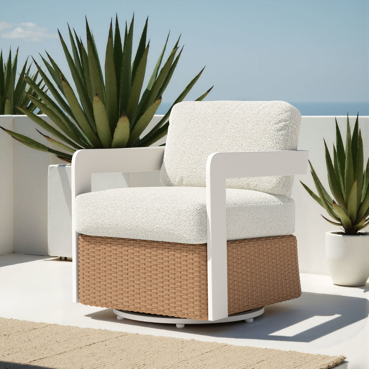 Gelo Outdoor Patio Swivel Chair, White & Brown