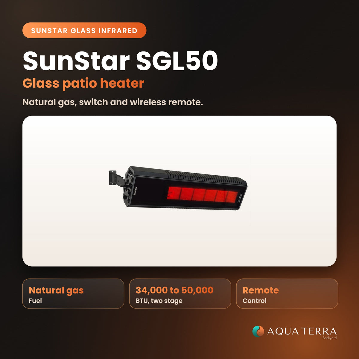 Sunstar Radiant Patio Heater, 50,000-34,000 BTU, Natural Gas, Switch and Remote, model SGL50-N10, view 2