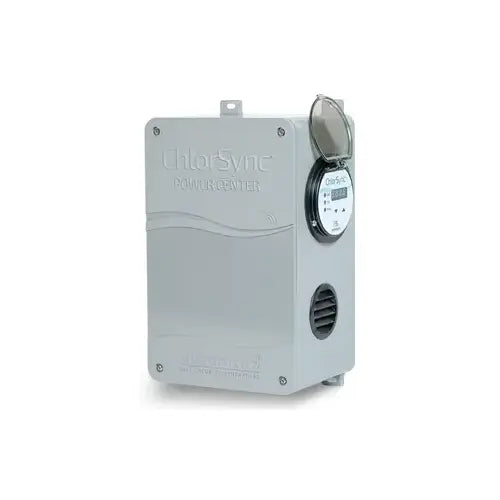 ChlorSync power center enclosure for salt chlorine generator with integrated timer and weatherproof housing