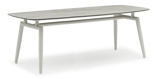 COUTURE Jardin Scoop Rectangular Dining Table, Seats 6 in Light Grey Aluminum / Oyster Marble HPL