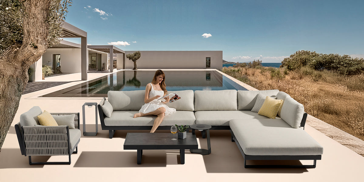 COUTURE Jardin Breeze outdoor sectional on a hillside pool terrace
