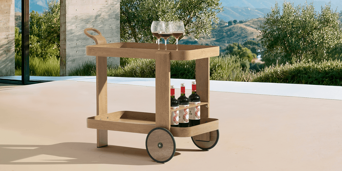 COUTURE Jardin Kart outdoor bar cart with a mountain view