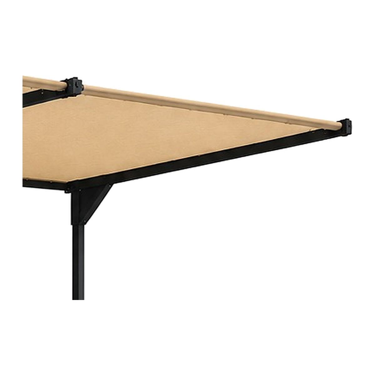 Corner of a Tara Shade DeLux 10 foot extension bay on a white background, showing the canopy edge, the support arm bracket and the top of the post