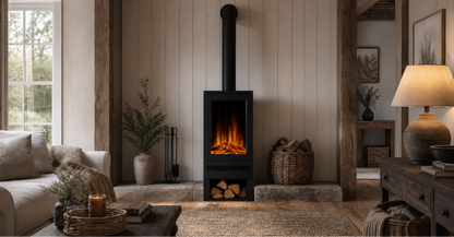 British Fires Bramshaw freestanding electric stove with flames lit over real oak logs