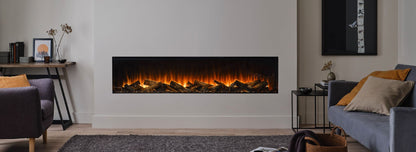 British Fires New Forest Black Edition electric fireplace built into a wall, flames lit