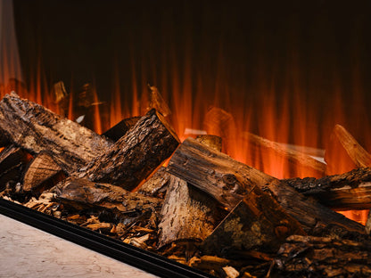 Close view of the hand-charred real oak logs in a British Fires New Forest electric fireplace