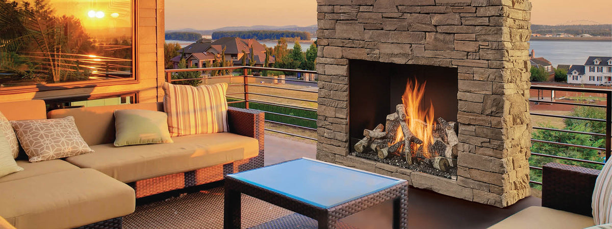 FireGarden 4035 traditional outdoor gas fireplace with a birch log set