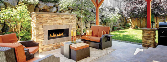 FireGarden 6424 linear outdoor gas fireplace, single-sided model, installed outdoors