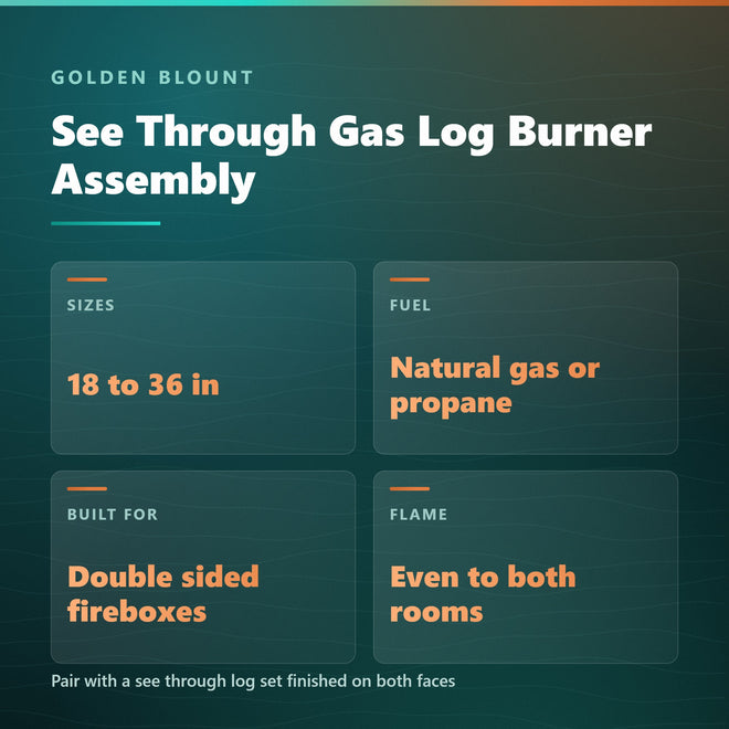 Golden Blount see through gas log burner assembly specification card: 18 to 36 inch for double sided fireboxes