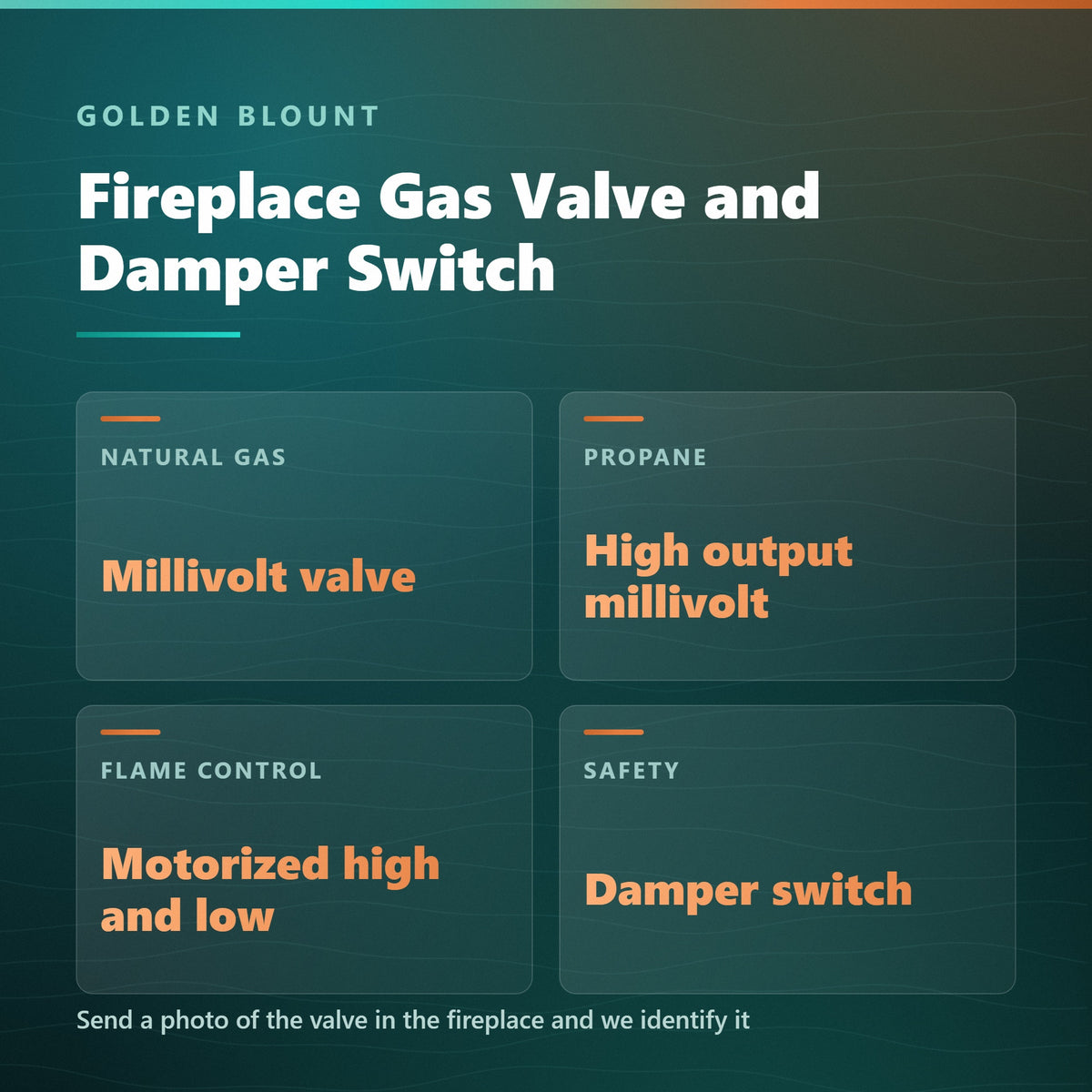 Golden Blount fireplace gas valve and damper switch specification card: millivolt, high output and motorized high low