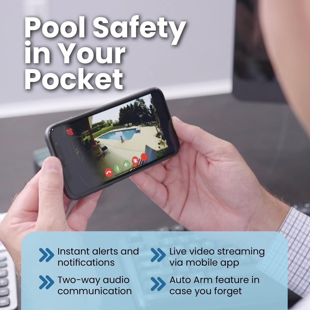 Hands holding a phone showing the SwamCam live view of a pool, beside a list of app features