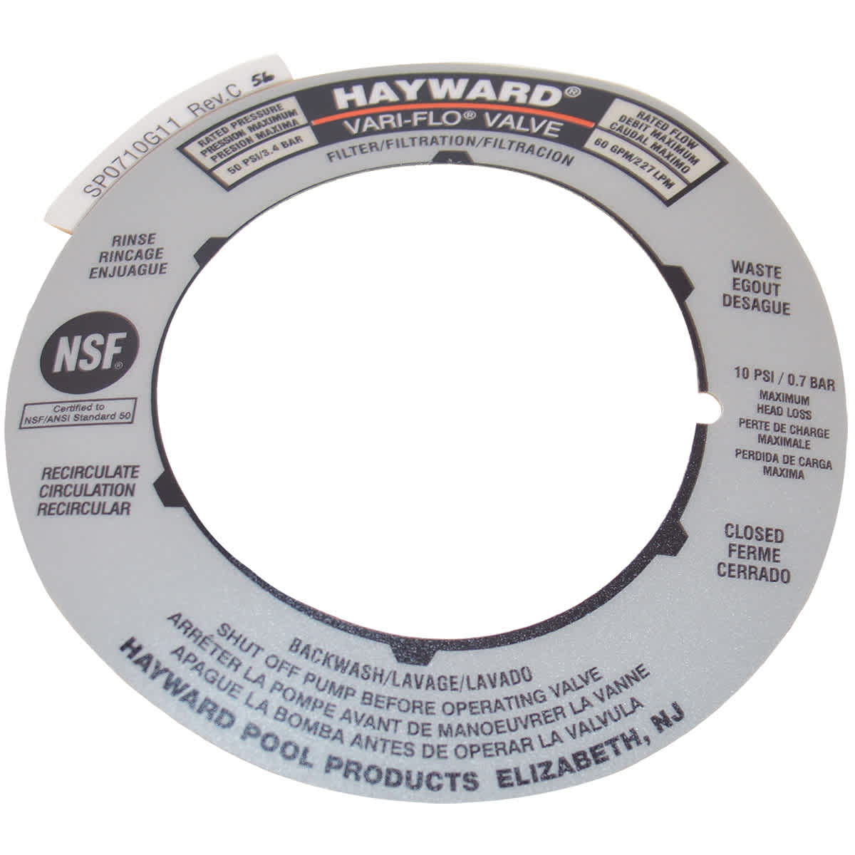Hayward Label Plate, model SPX0710G