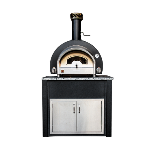 Complete Outdoor Kitchen Islands COPI42-WB-LP 42 inch hybrid pizza oven island with Wrinkle Black aluminum and Luna Pearl granite