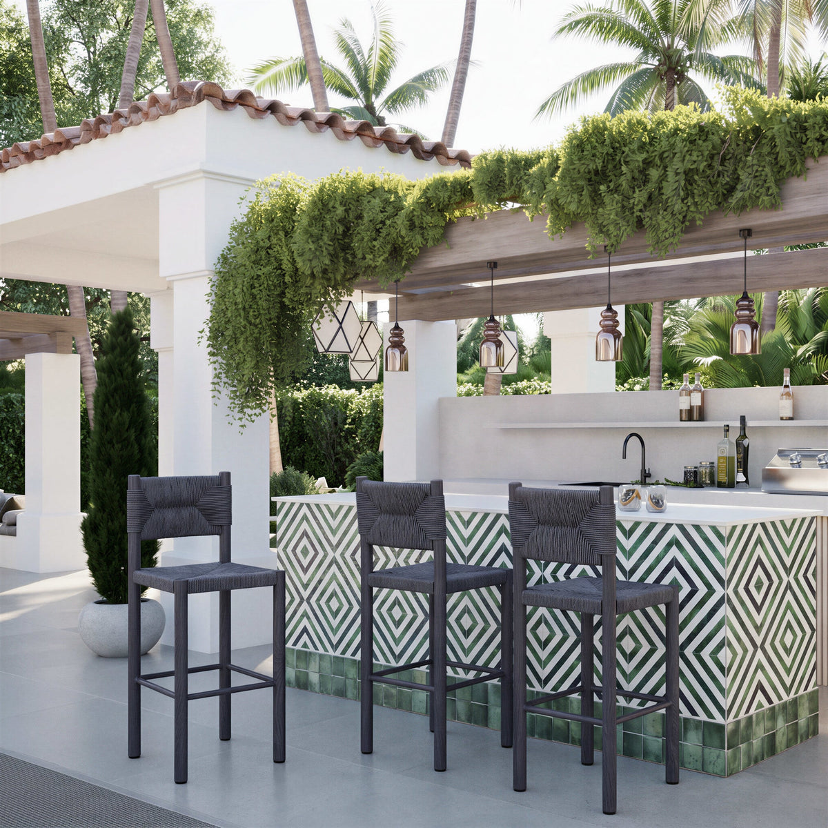 Iska Outdoor Patio Barstool, Set of 2, Black