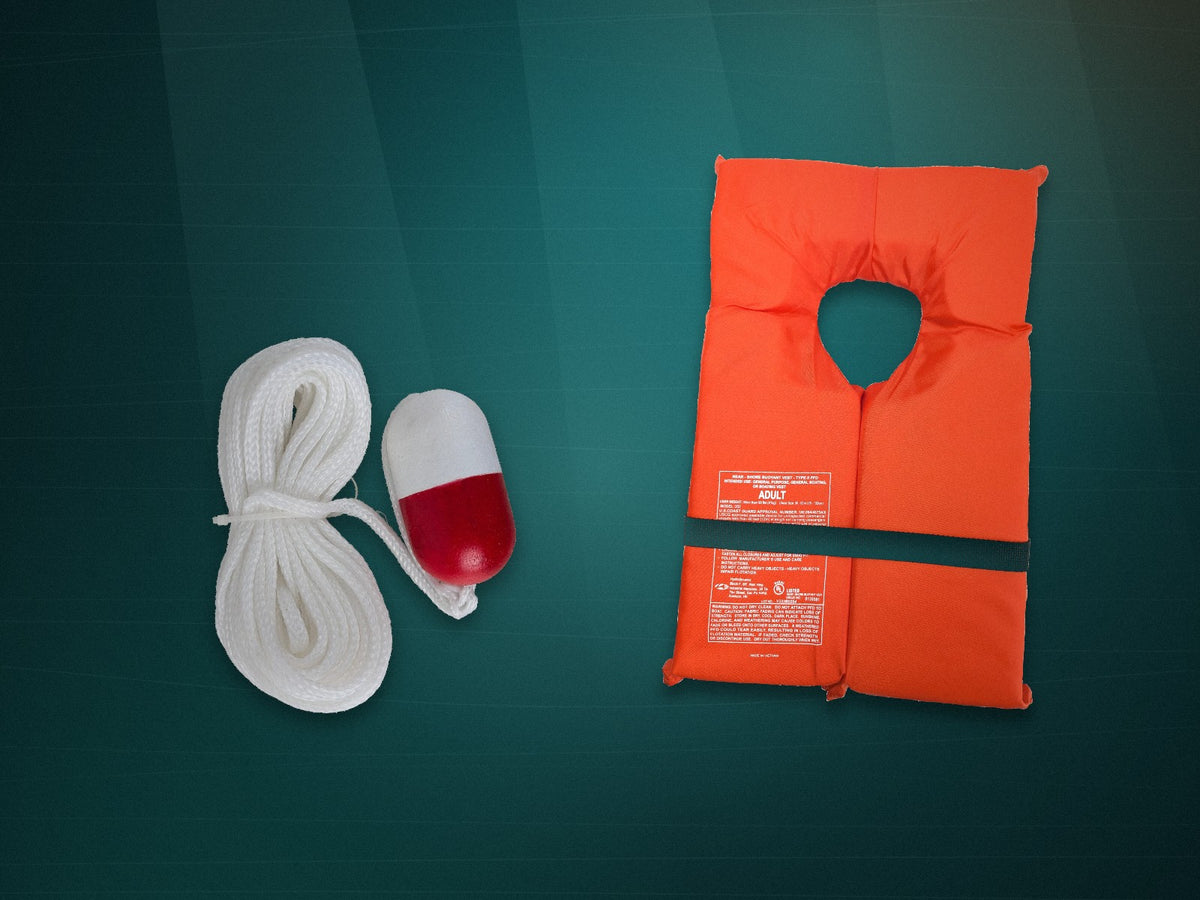 Coast Guard approved ring buoys, throw bags and rescue rope