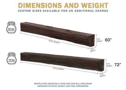 Lexington Hearth Cabin Pine dimension chart: 60 inch at 65 lbs and 72 inch at 75 lbs, 6 inches high and deep