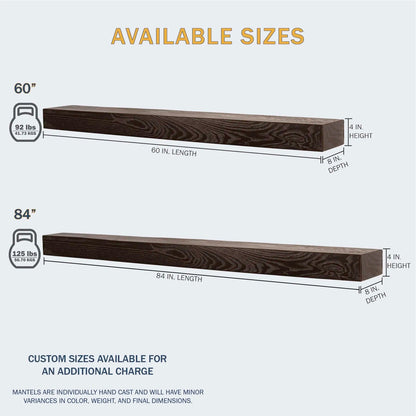 Lexington Hearth Classic mantel size chart for the 60 and 84 inch lengths
