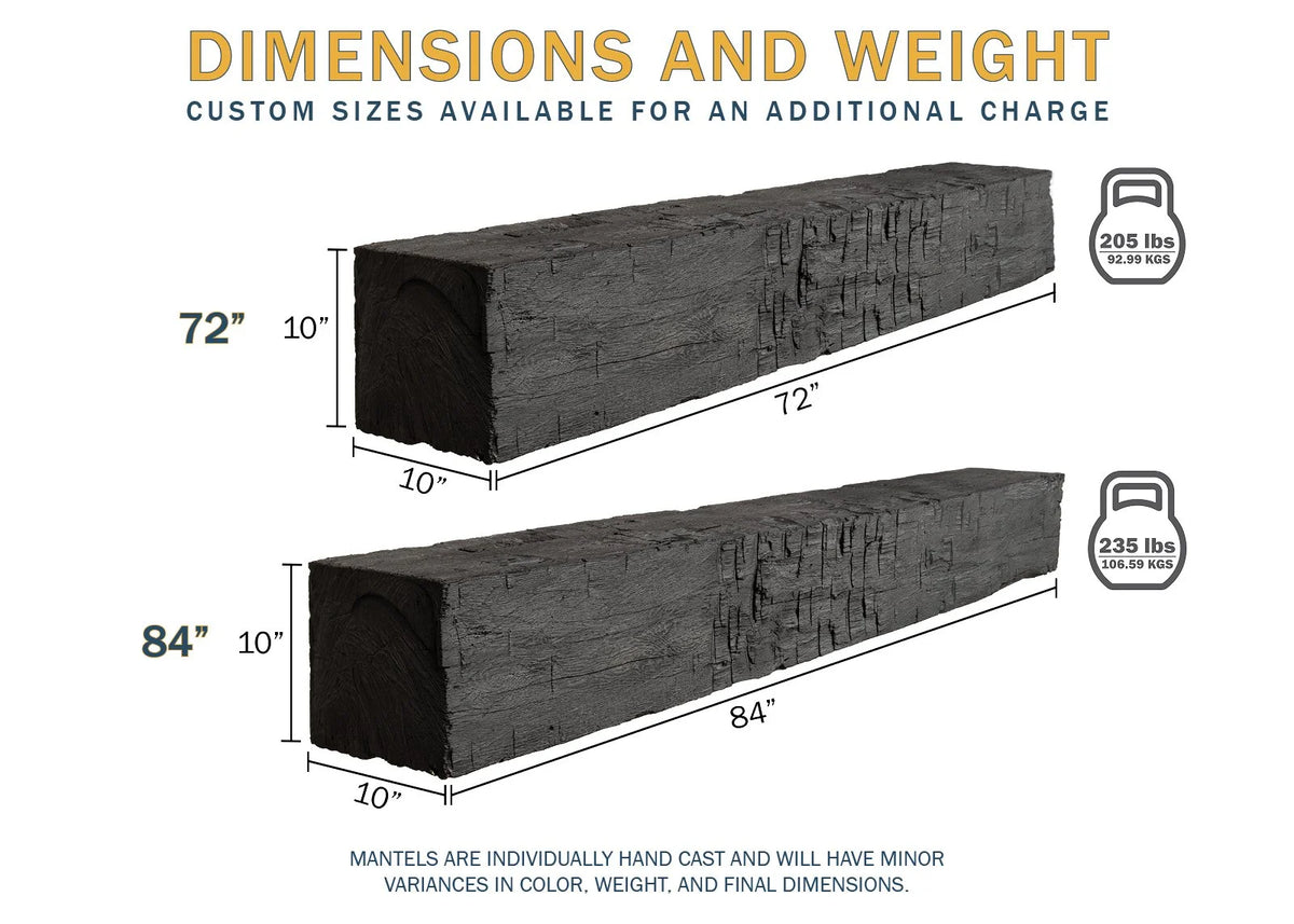 Lexington Hearth Farmhouse mantel dimension chart: 10 by 10 inch end profile in 72 and 84 inch lengths
