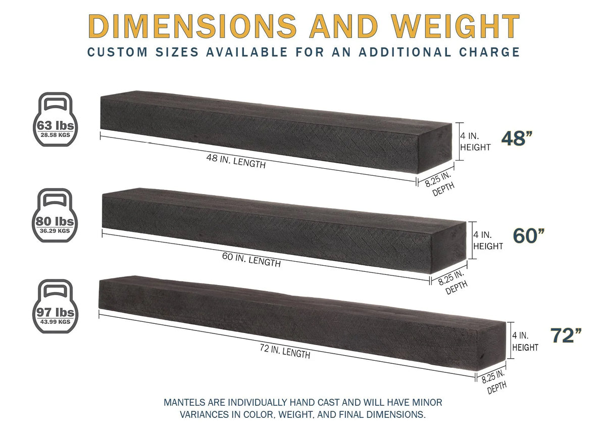 Lexington Hearth Flat Sawn Beam dimension chart: 48, 60 and 72 inch lengths, 4 inches high and 8.25 inches deep