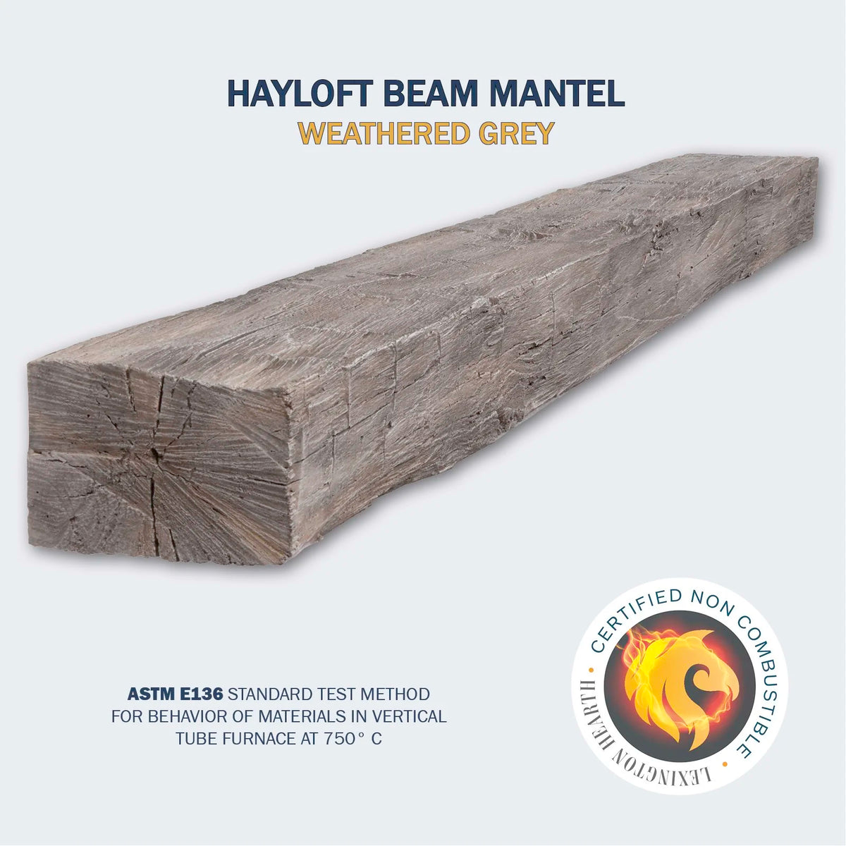 Lexington Hearth Hayloft Beam mantel in Weathered Grey, mounted above a fireplace