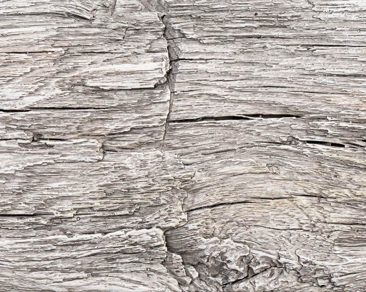 Lexington Hearth Hayloft Beam mantel in Weathered Grey, close-up of the finish