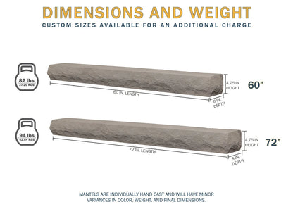 Lexington Hearth Rockface dimension chart: 60 inch at 82 lbs and 72 inch at 94 lbs, 4.75 inches high and 8 inches deep