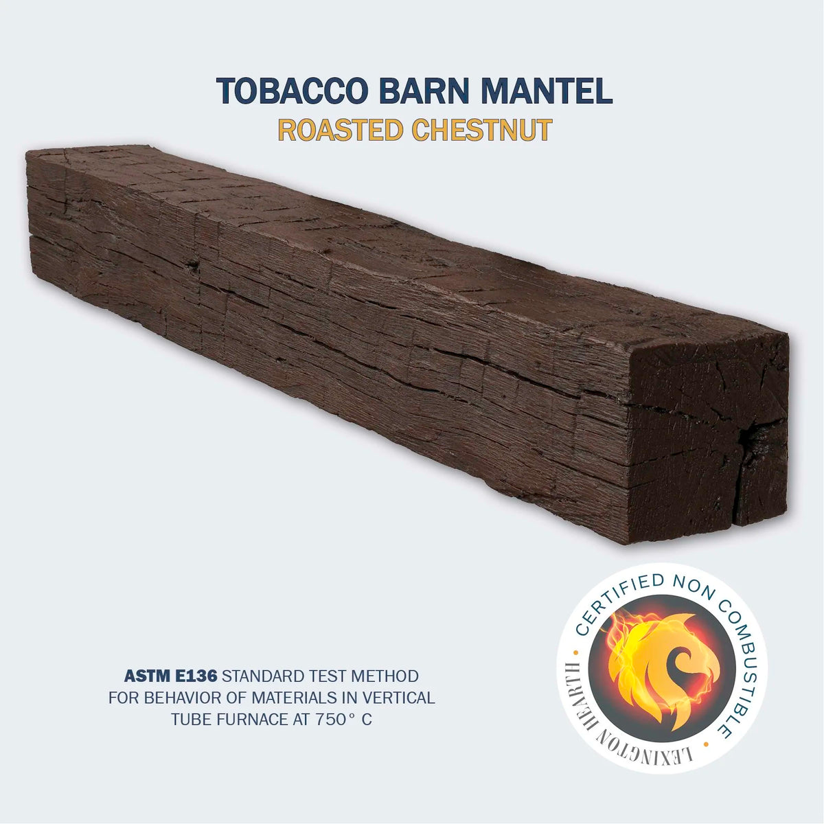 Lexington Hearth Tobacco Barn mantel in Roasted Chestnut, mounted above a fireplace