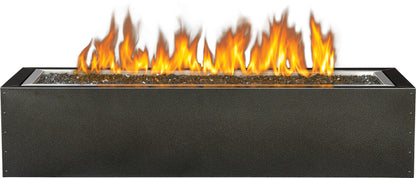 Linear gas fireplace with black enclosure, glass media, and long horizontal flame display