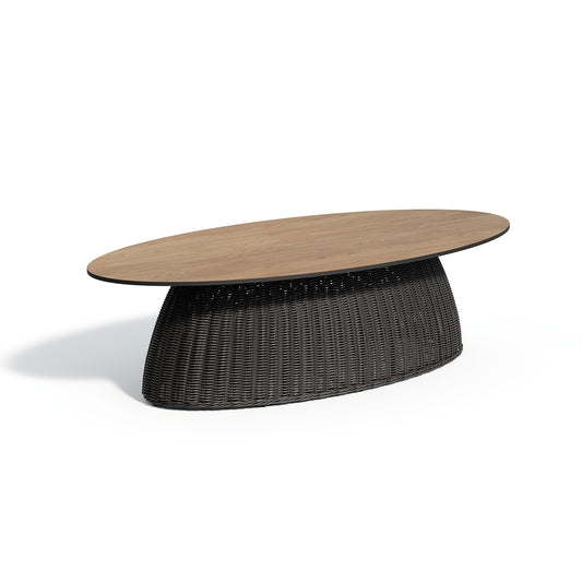 Long laminate topped coffee table in the Enigma decor on a dark woven base