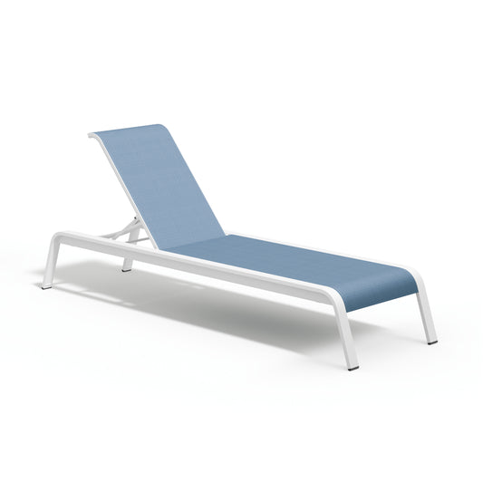Long padded sling chaise lounge on a white powder coated aluminum frame, shown against a plain background