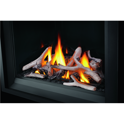 Napoleon BLKAX36 birch log set installed inside a Napoleon AX36 gas fireplace with realistic flame presentation
