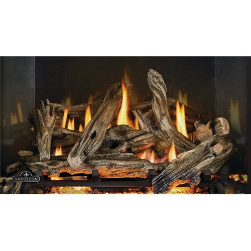Napoleon DLKAX42 driftwood log set installed in a 42-inch Napoleon gas fireplace with realistic coastal-style flame presentation