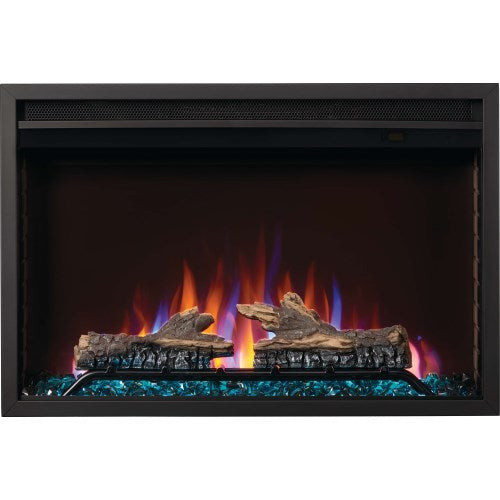 Napoleon NEFB30H Cineview 30-inch built-in electric fireplace featuring multi-color flames, burnt oak logs, and crystal media.