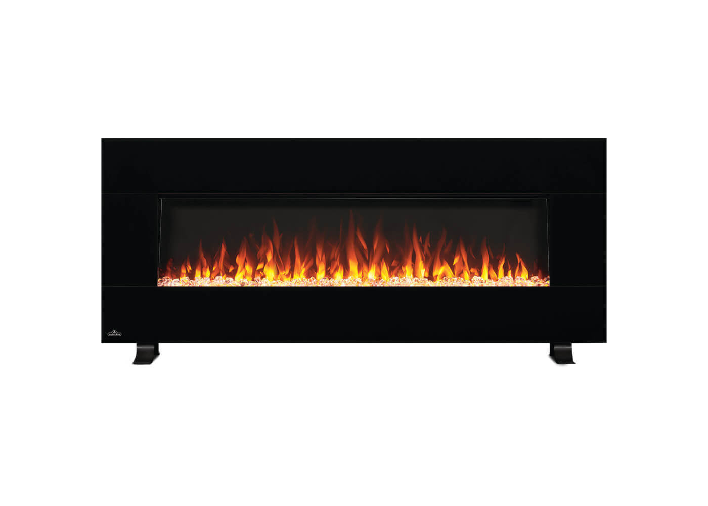 Napoleon NEFL50HF-BT Harsten 50-inch linear electric fireplace featuring a sleek black glass surround and vibrant orange flames.