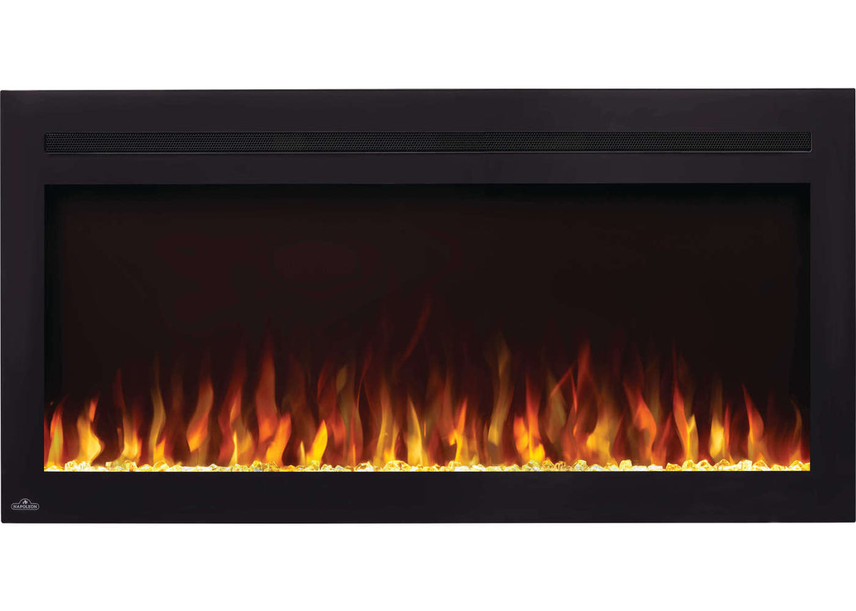 Napoleon NEFL42HI Purview 42-inch linear wall-mount electric fireplace with a vibrant orange flame display and crystal ember bed.