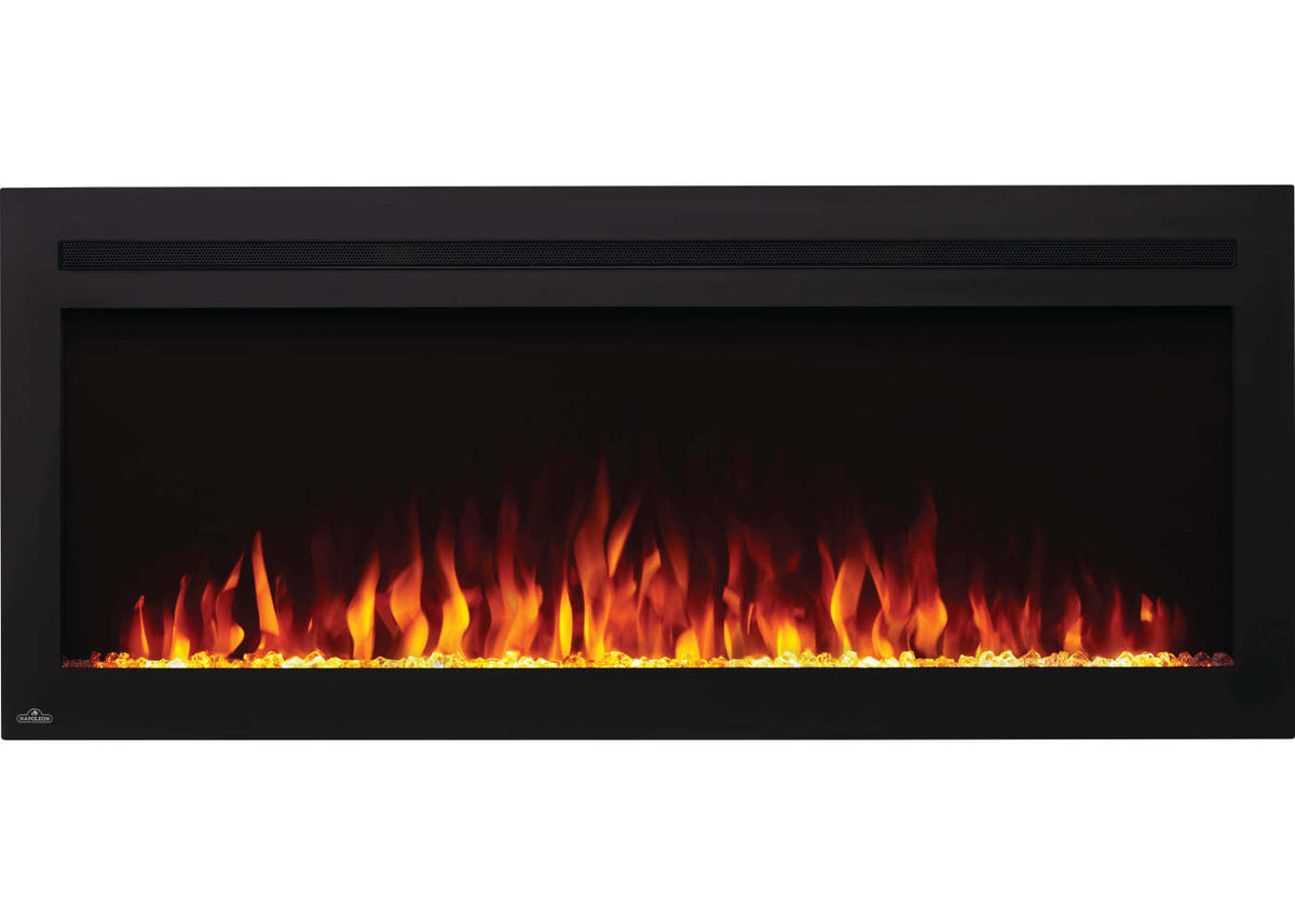 Napoleon NEFL50HI Purview 50-inch linear electric fireplace featuring a wide black frame and vibrant orange flames over a crystal ember bed.