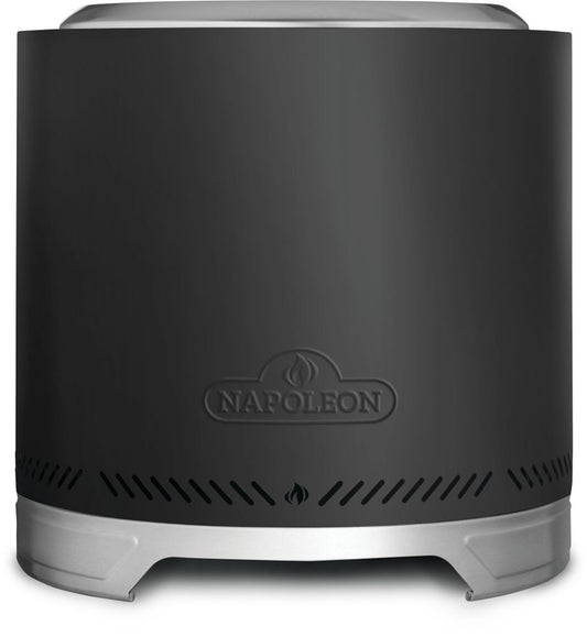 Napoleon Timberwolf fire pit with black metal housing and curved front design for outdoor use