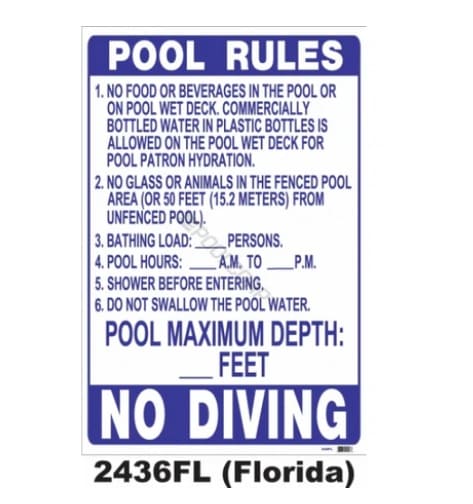 24" X 36" Florida Pool Rules New Sign  | 2436FL