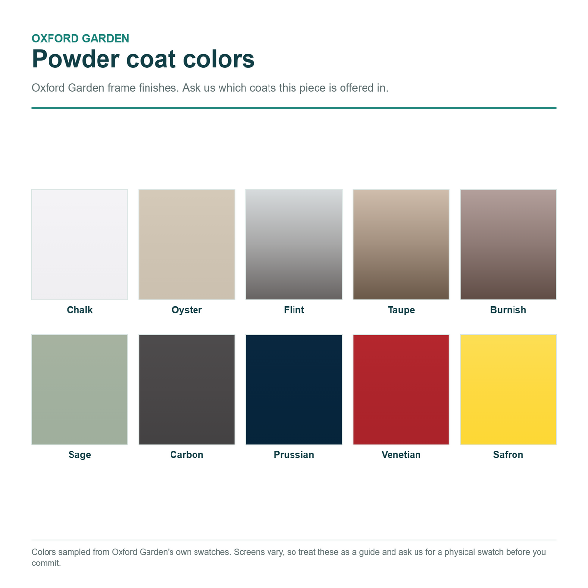 Oxford Garden powder coat color chart showing ten frame finishes with their names