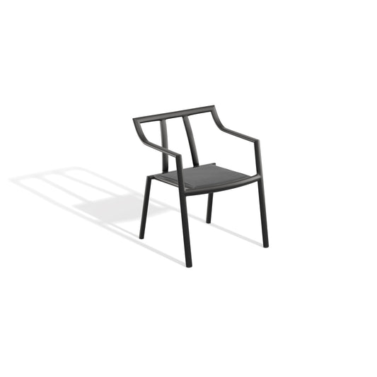 Open frame sling dining armchair in Ninja sling on a Carbon powder coated aluminum frame, on a plain white background
