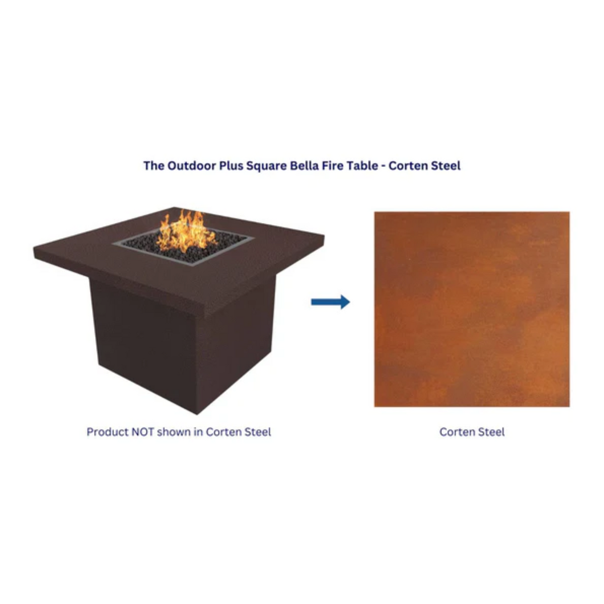 The Outdoor Plus Bella Fire Table, 36 inch, Square, Corten Steel, model OPT-BELCS36, view 2