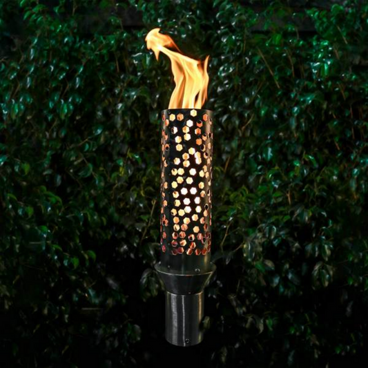 The Outdoor Plus Honeycomb Original TOP Torch and Post Complete, Stainless Steel, Propane, model OPT-TPK14LP