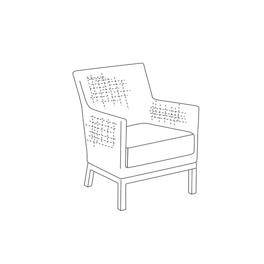 Argento club chair with woven back and arms on an aluminum frame