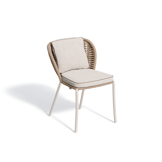 Armless aluminum dining chair with a woven strap back panel in sandstone and a frost powder coat frame