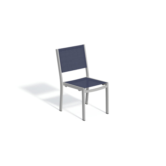 Armless outdoor dining chair with a dark Ink Pen sling seat and back on a slim Flint gray aluminum frame