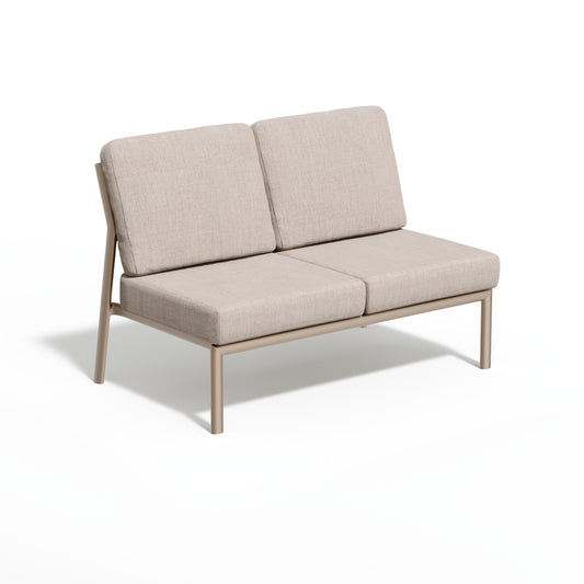 Armless two seat modular sectional section with seat and back cushions on a Taupe aluminum frame