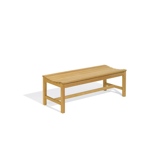 Backless slatted teak bench, four feet long, shown against a plain background