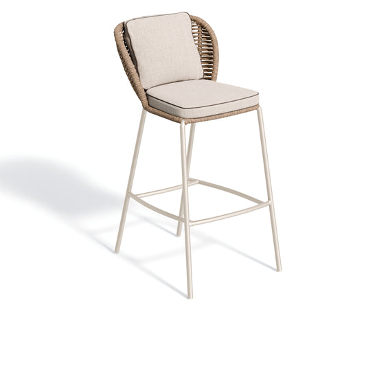 Bar height aluminum chair with a woven sandstone strap back and a frost powder coat frame